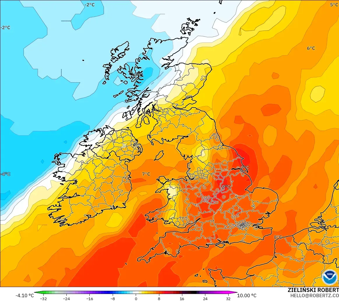 GFS modelo - Reino Unido, Anomalía de temperatura a 850 hPa