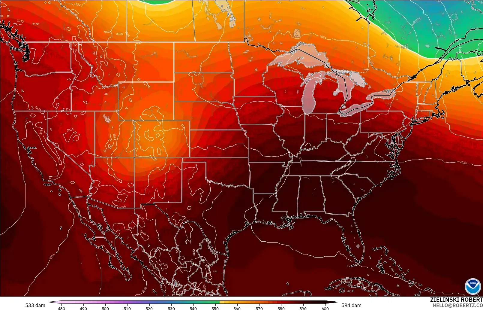 GFS modelo - Estados Unidos, Altura geopotencial a 500 hPa