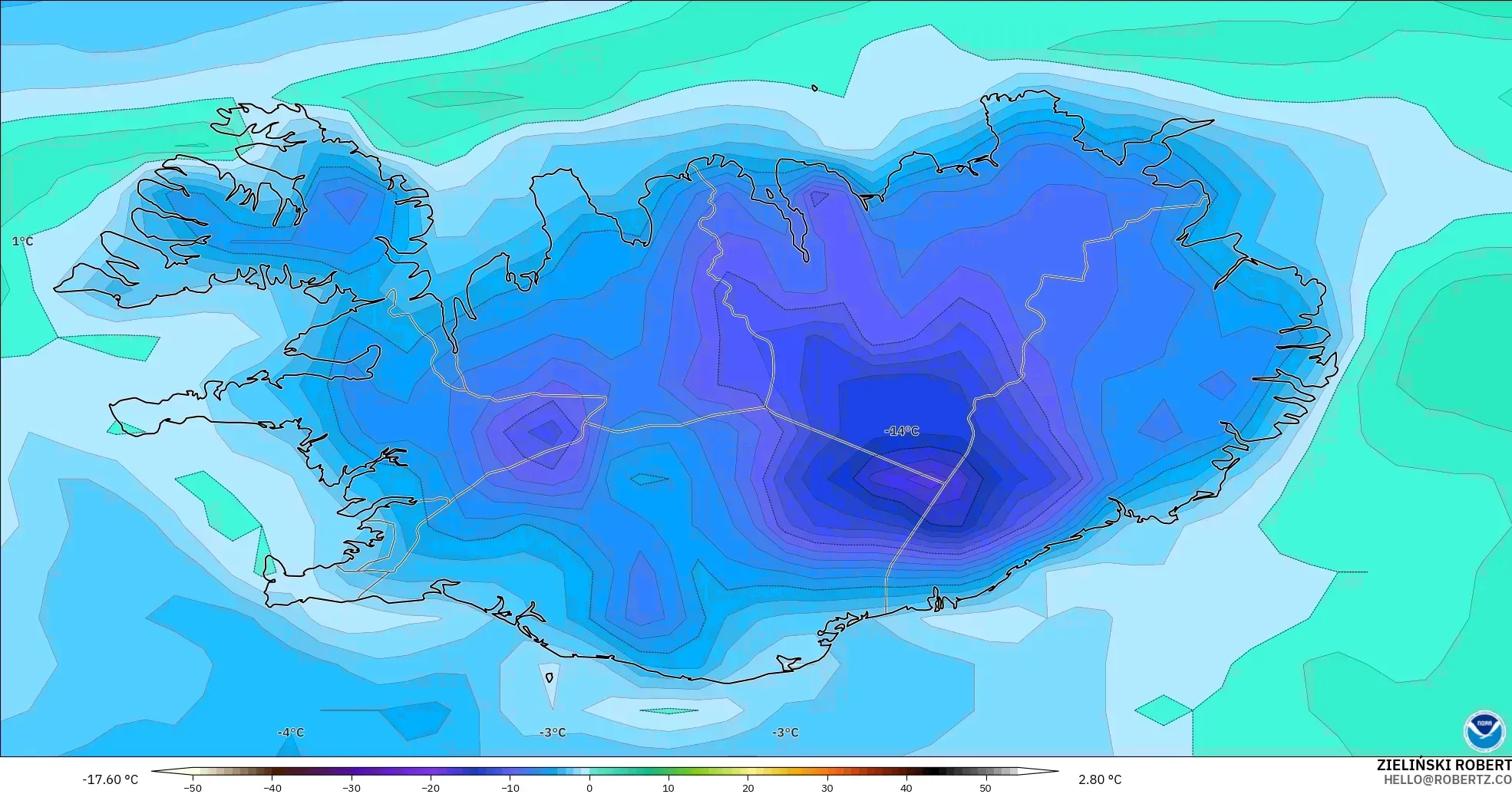 GFS modelo - Islandia, Punto de rocío a 2 m