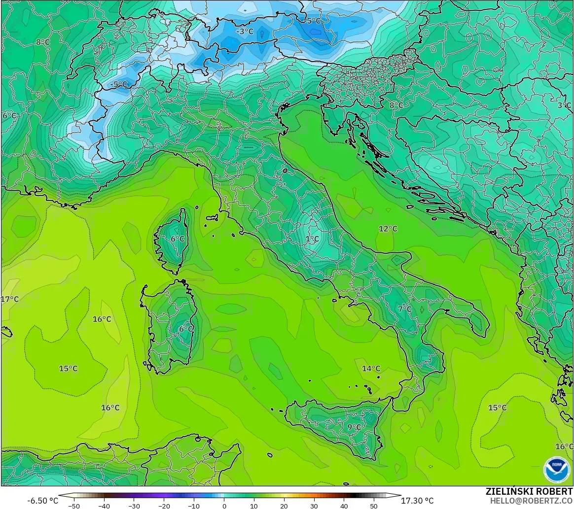 GFS modelo - Italia, Punto de rocío a 2 m