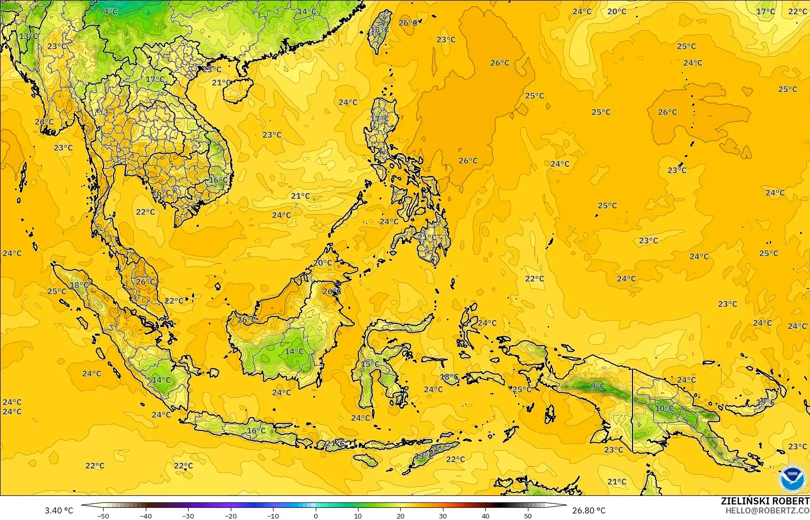 GFS modelo - Sudeste Asiático, Punto de rocío a 2 m