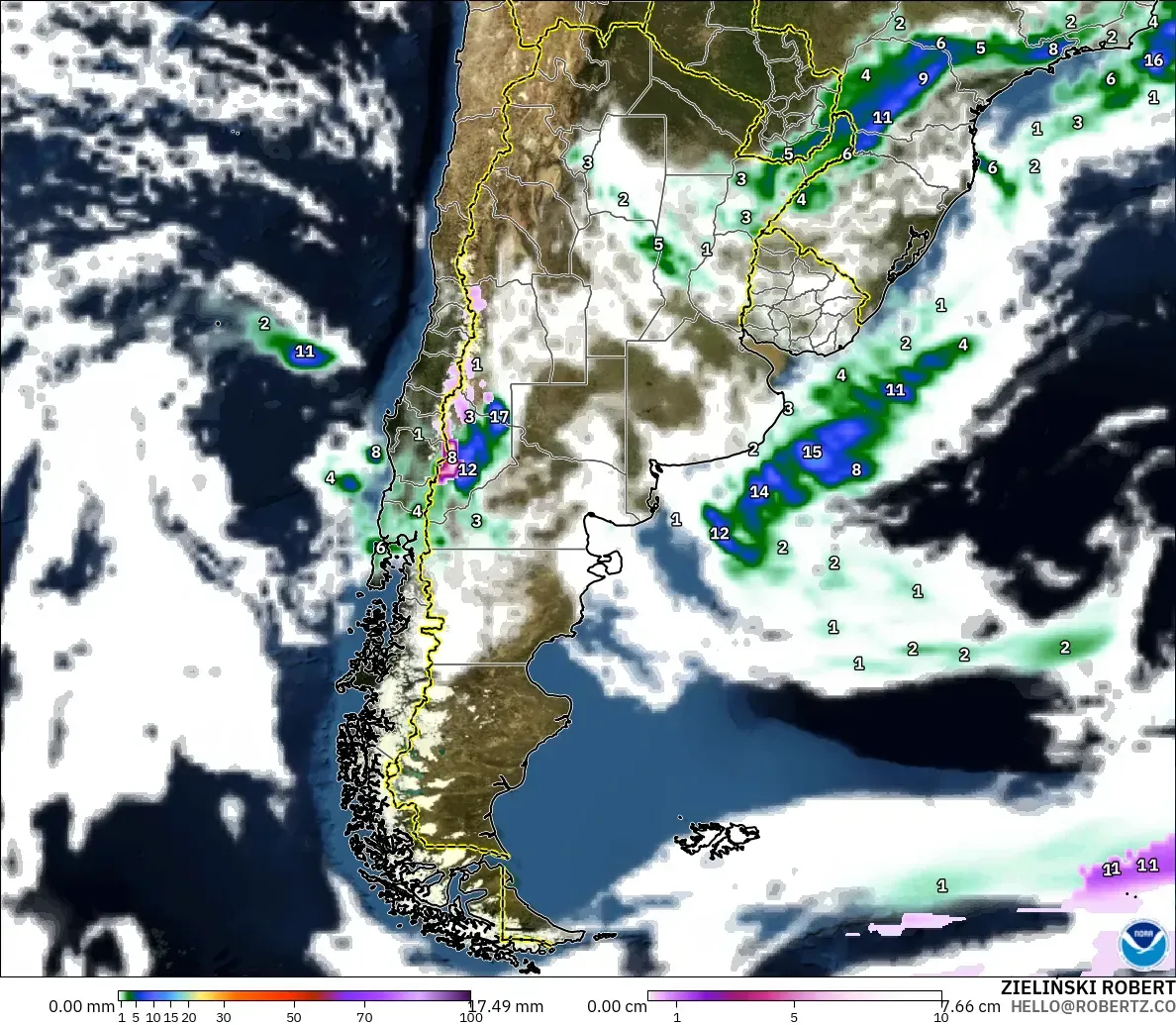 GFS modelo - Argentina, Precipitación, nubes y presión