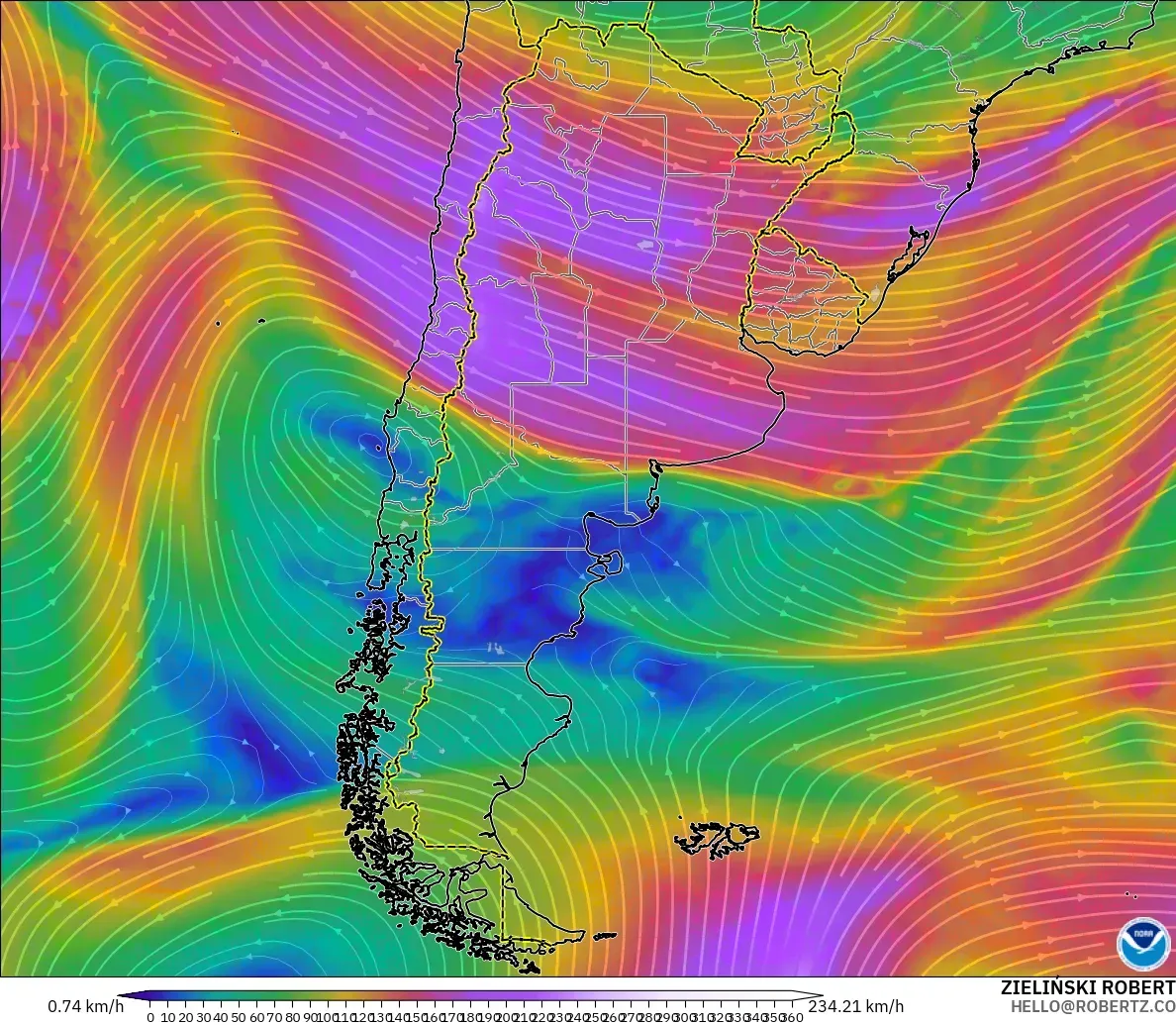GFS modelo - Argentina, Viento a 300 hPa (corriente en chorro)