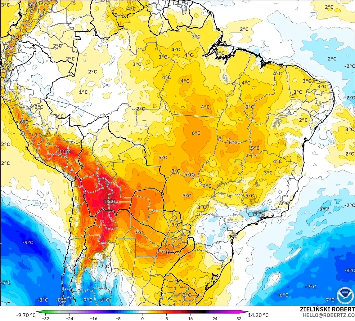 GFS modelo - Brasil, Anomalía de temperatura a 850 hPa