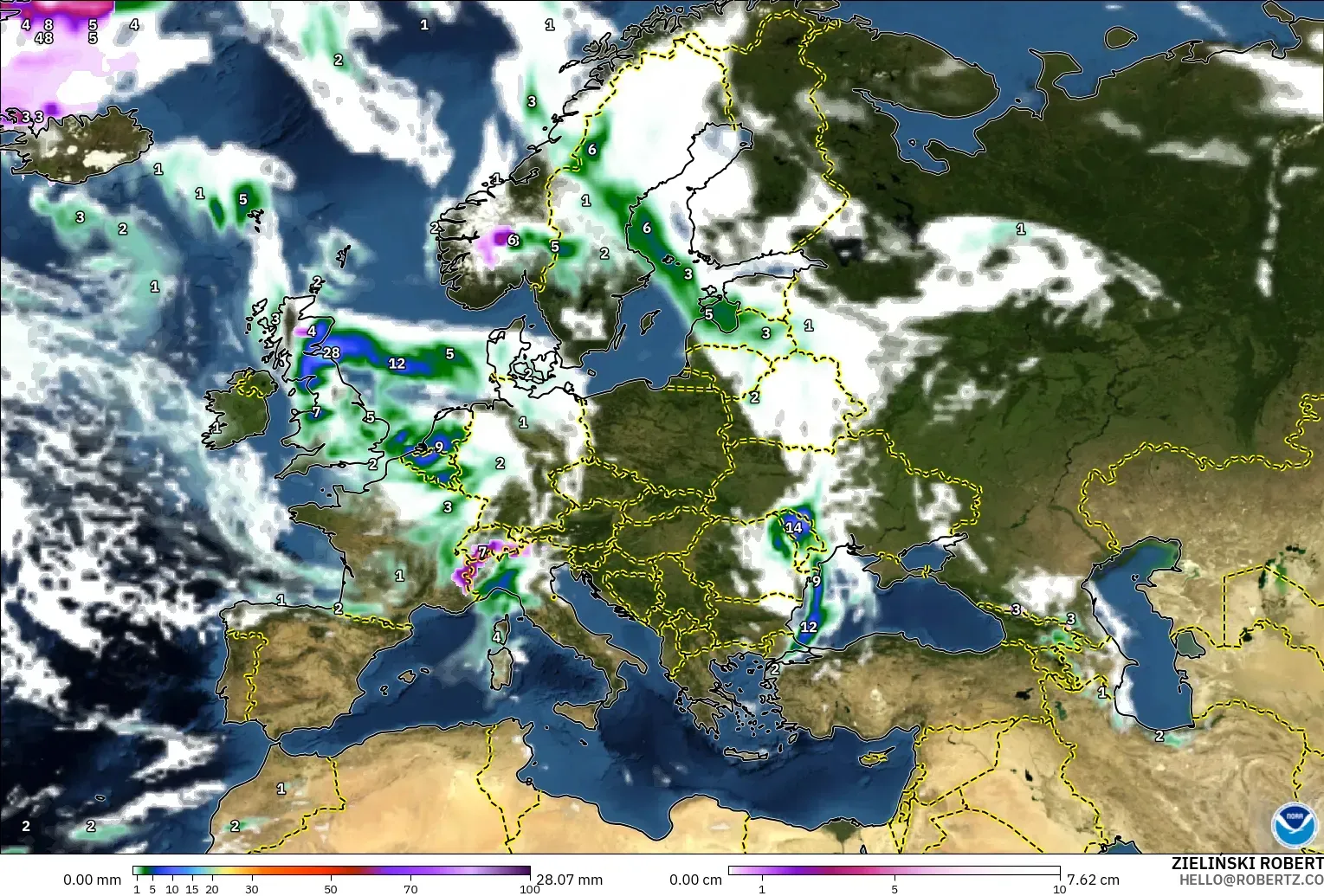 GFS modelo - Europa, Precipitación, nubes y presión