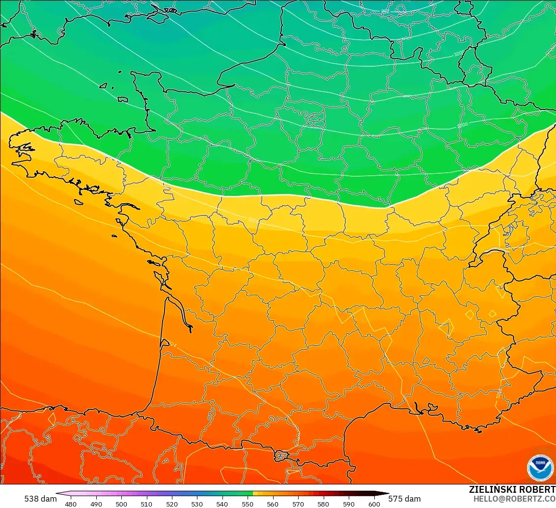 GFS modelo - Francia, Altura geopotencial a 500 hPa