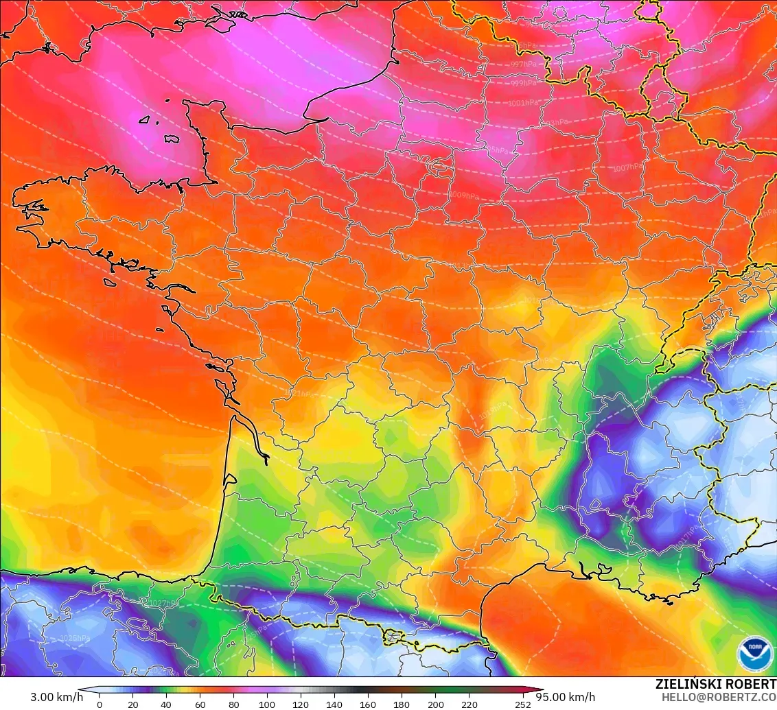 GFS modelo - Francia, Ráfagas de viento