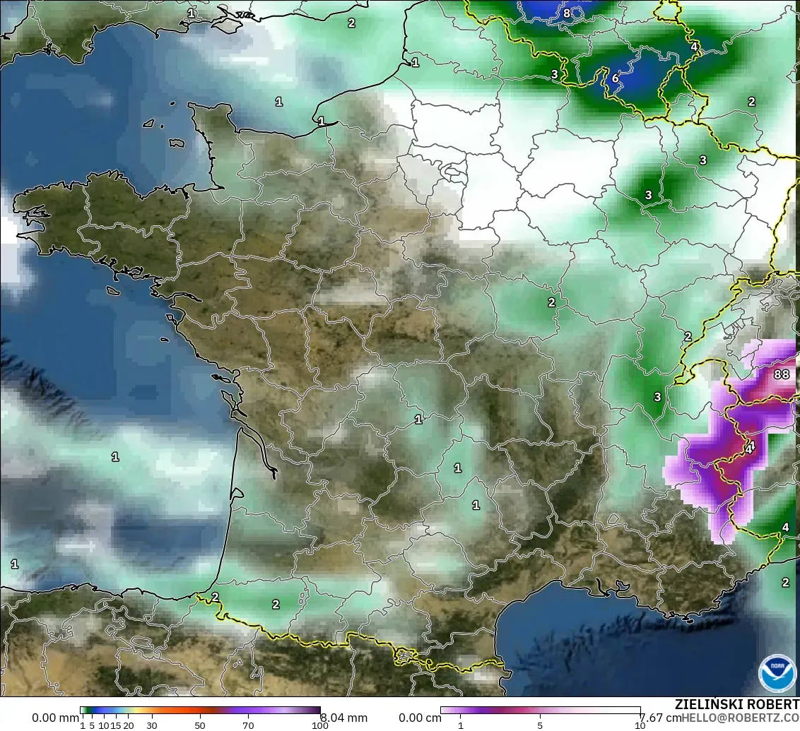 GFS modelo - Francia, Precipitación, nubes y presión