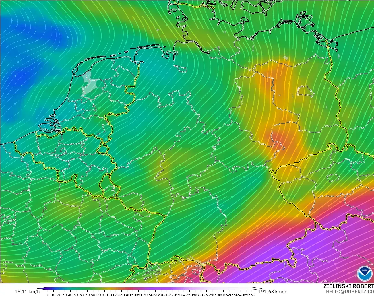 GFS modelo - Alemania, Viento a 300 hPa (corriente en chorro)