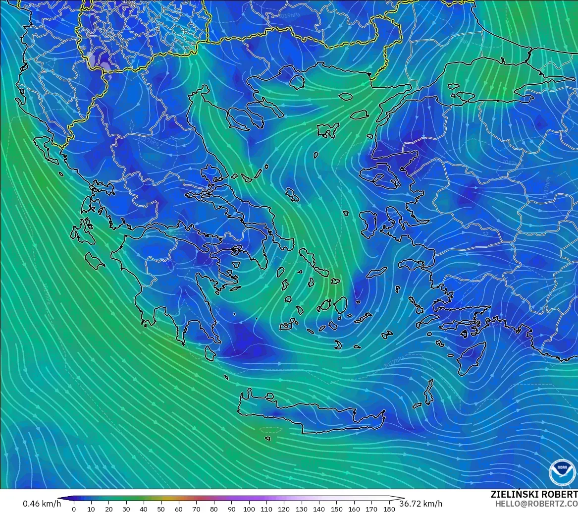GFS modelo - Grecia, Viento a 10 m