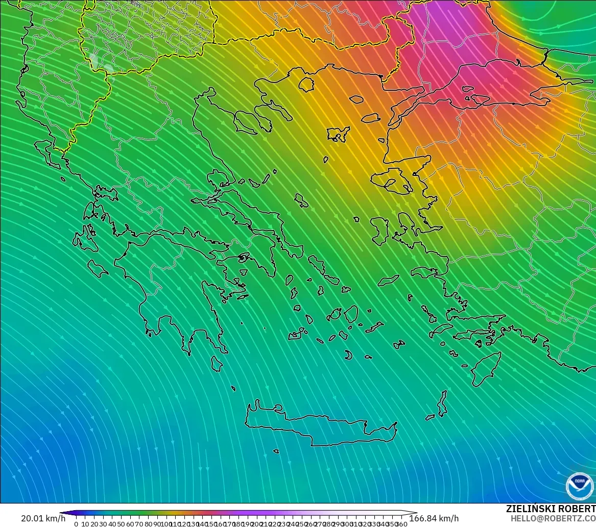 GFS modelo - Grecia, Viento a 300 hPa (corriente en chorro)