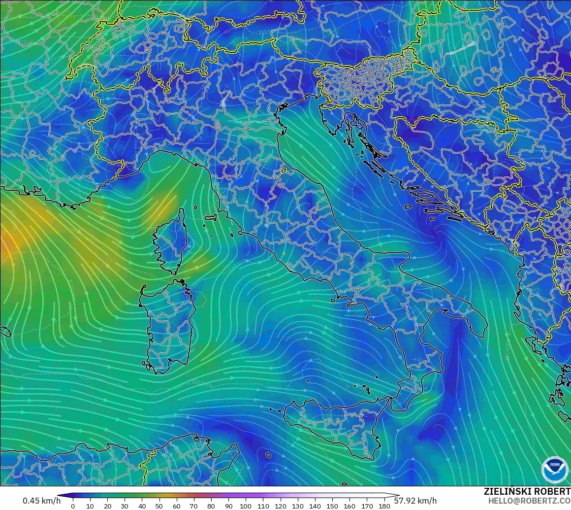 GFS modelo - Italia, Viento a 10 m
