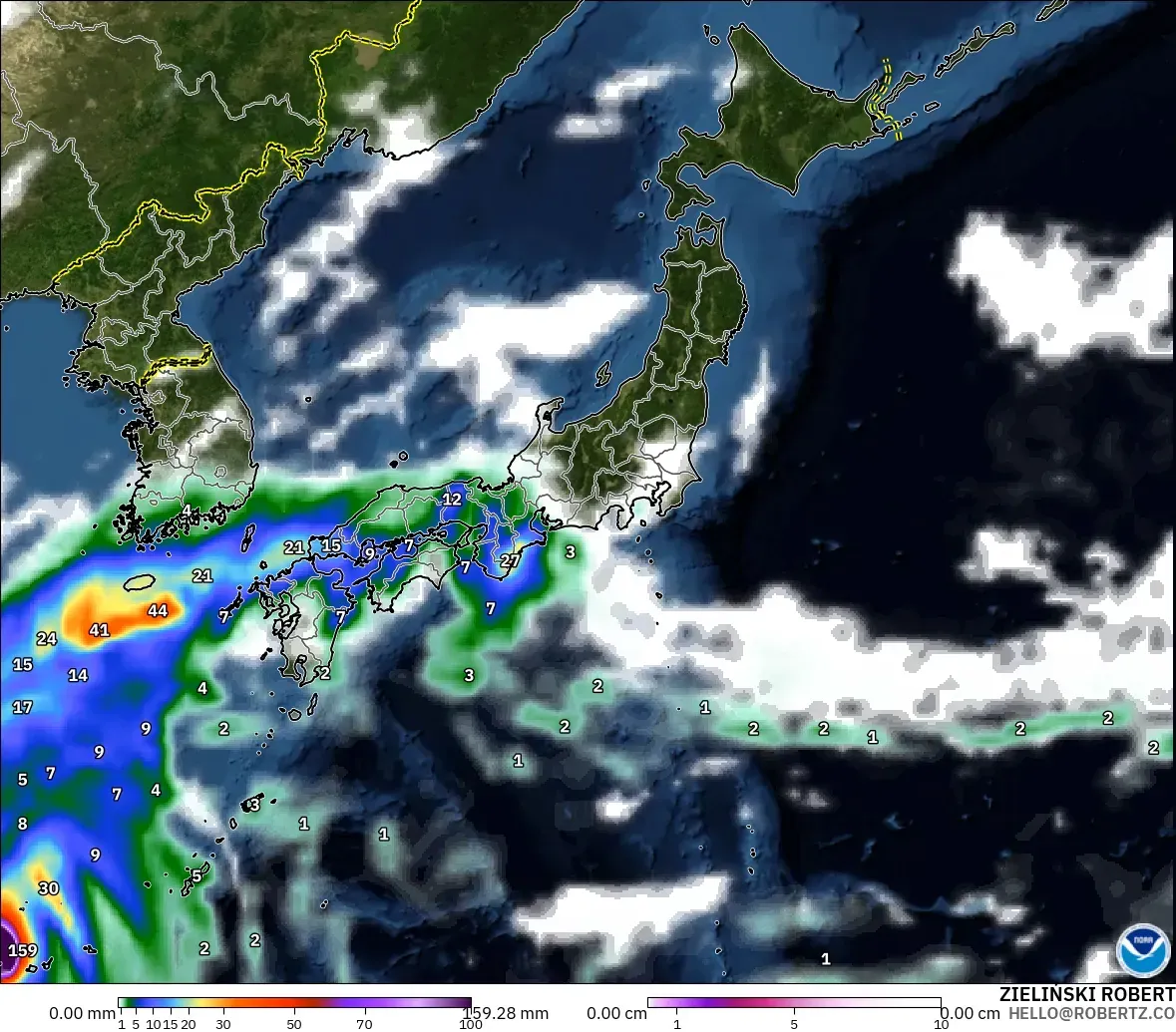 GFS modelo - Japón, Precipitación, nubes y presión