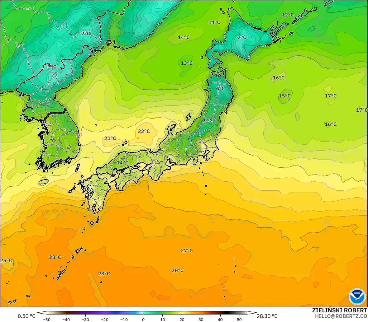 GFS modelo - Japón, Temperatura a 2 m