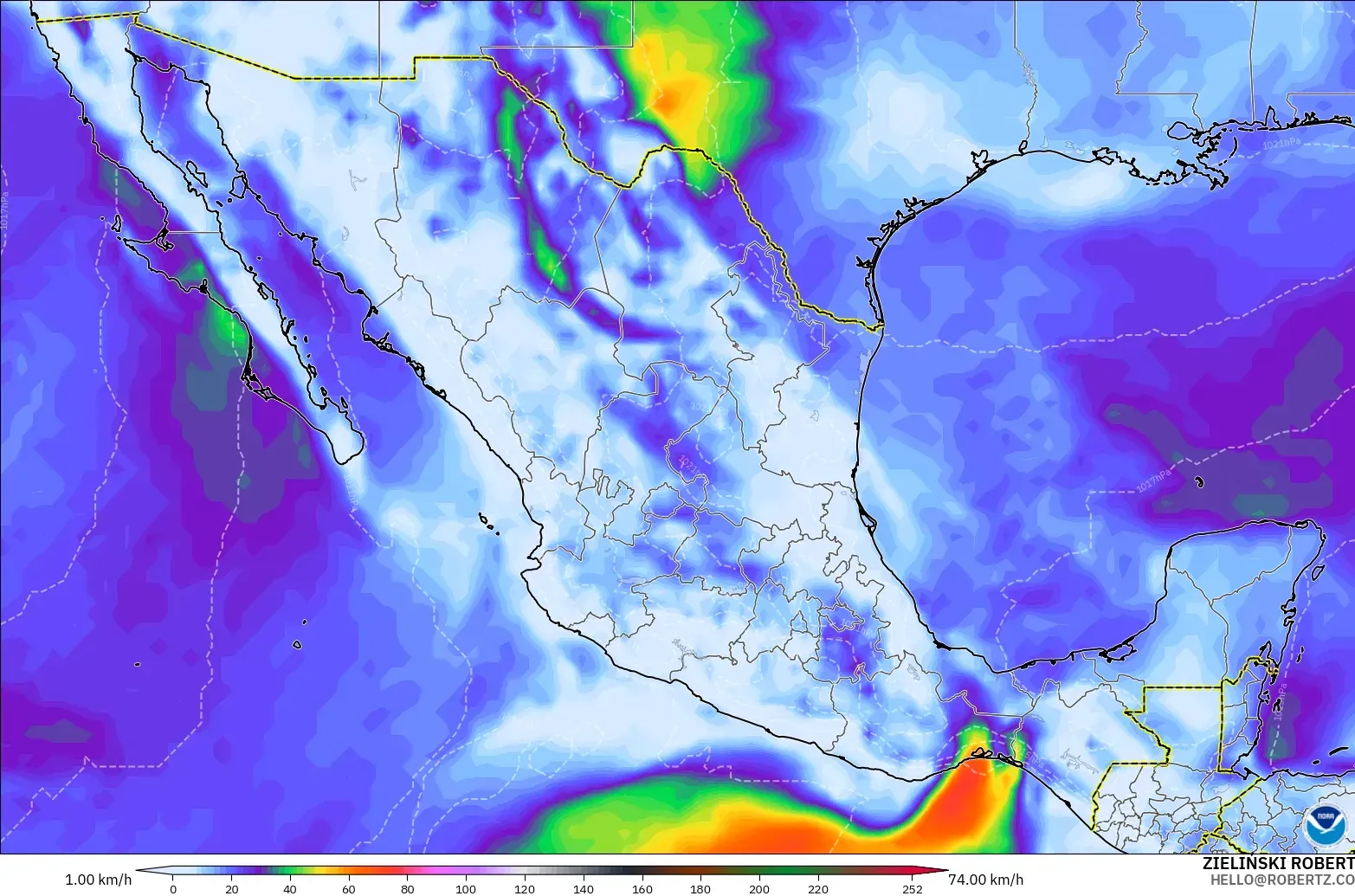 GFS modelo - México, Ráfagas de viento