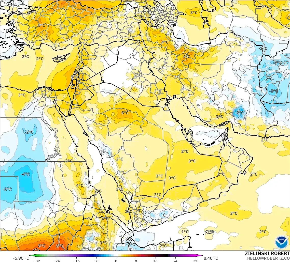 GFS modelo - Oriente Medio, Anomalía de temperatura a 850 hPa
