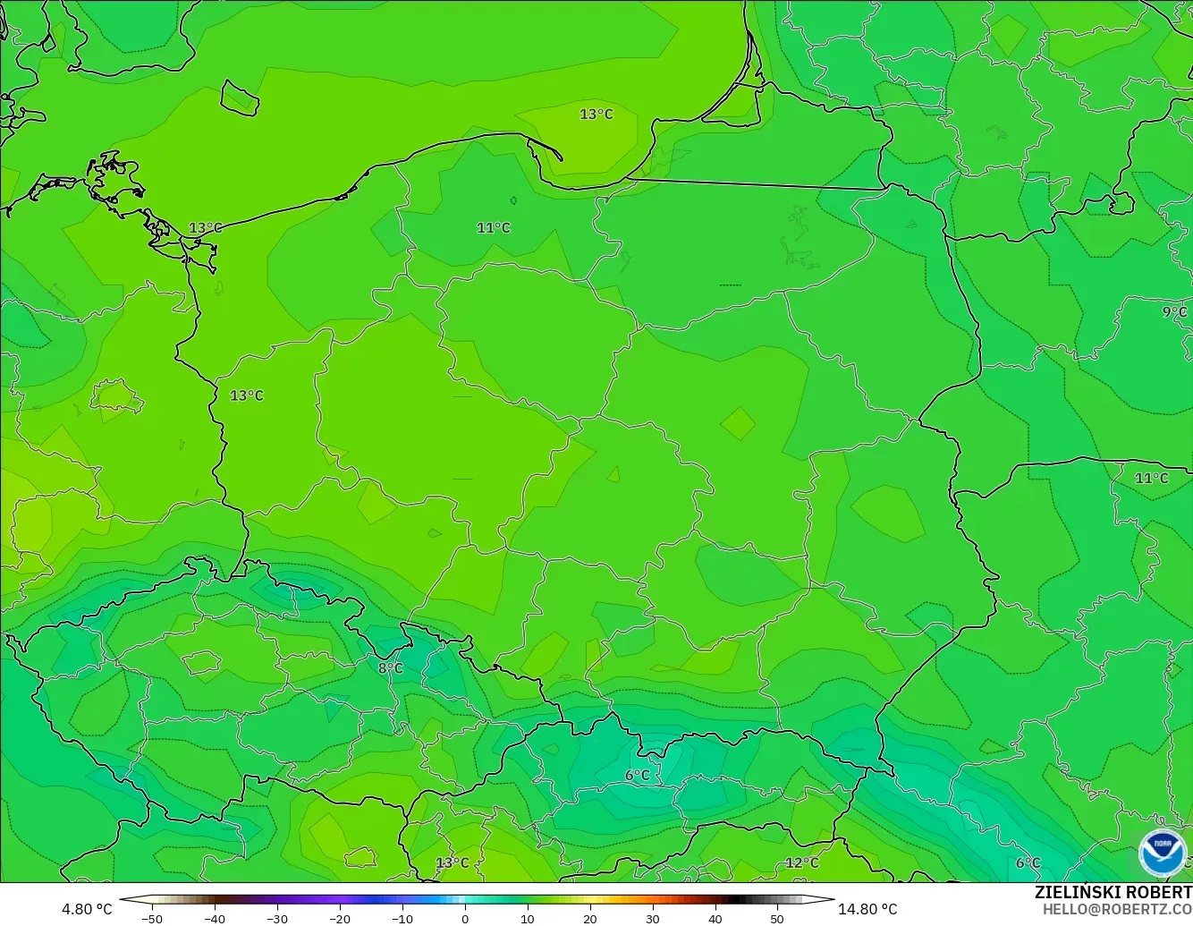 GFS modelo - Polonia, Temperatura a 2 m