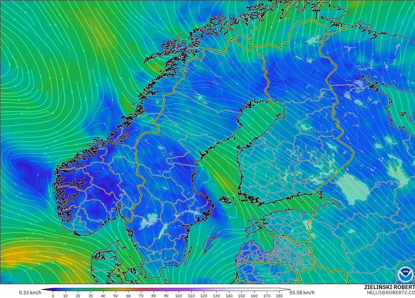 GFS modelo - Escandinavia, Viento a 10 m