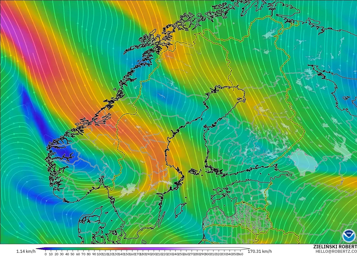 GFS modelo - Escandinavia, Viento a 300 hPa (corriente en chorro)