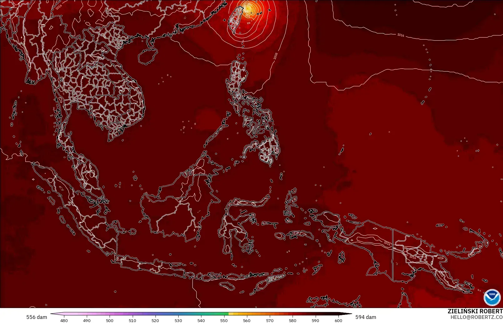GFS modelo - Sudeste Asiático, Altura geopotencial a 500 hPa
