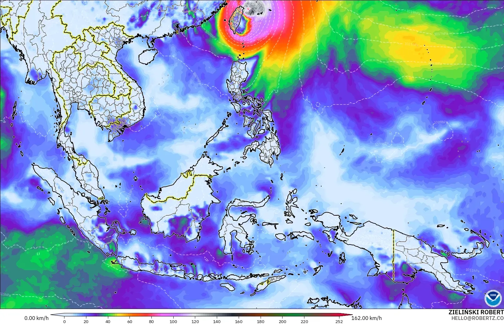 GFS modelo - Sudeste Asiático, Ráfagas de Viento Máximas