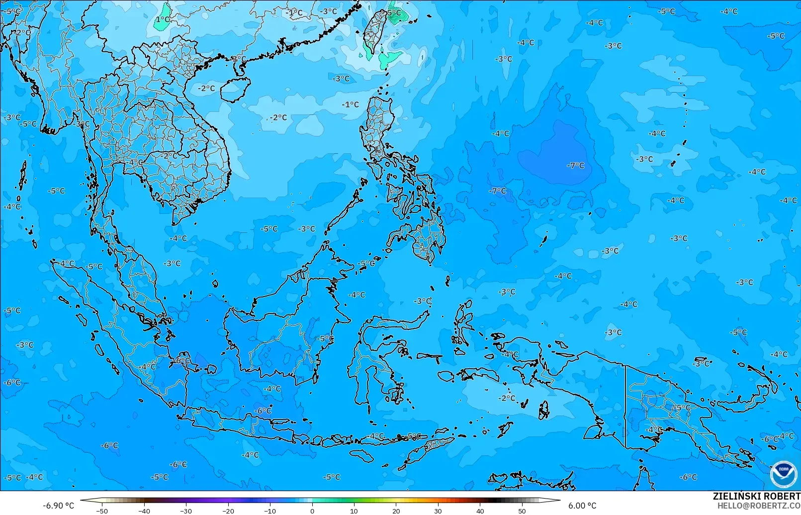 GFS modelo - Sudeste Asiático, Temperatura a 500 hPa