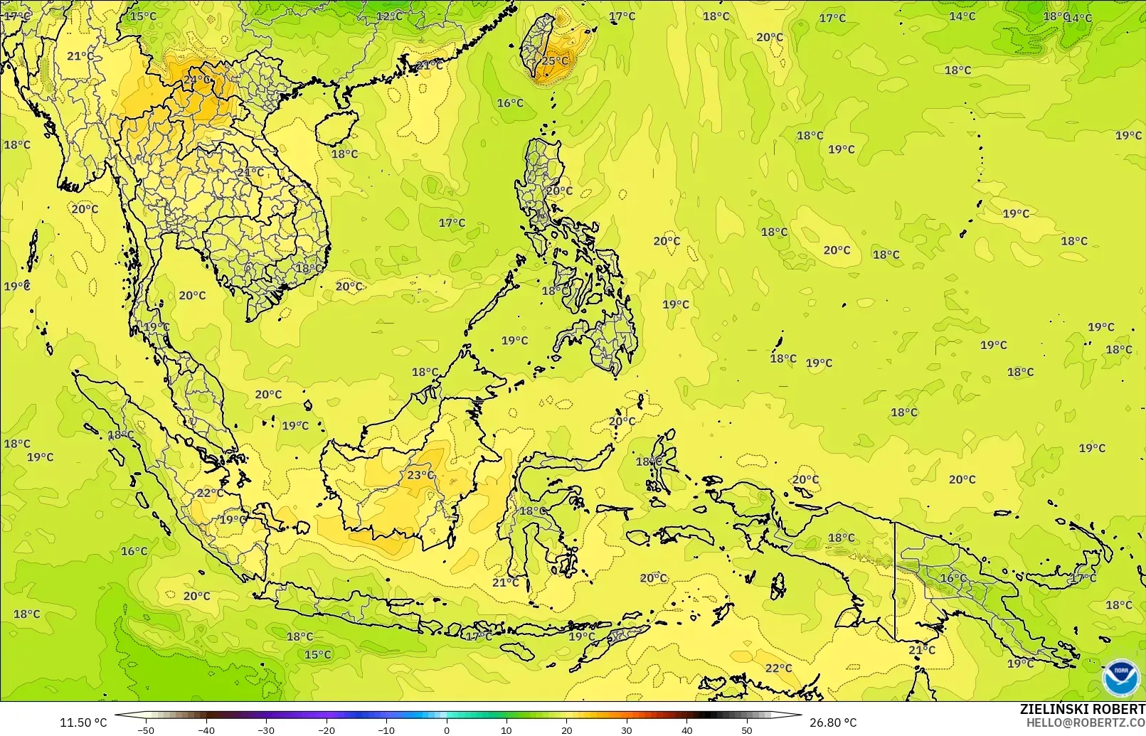 GFS modelo - Sudeste Asiático, Temperatura a 850 hPa