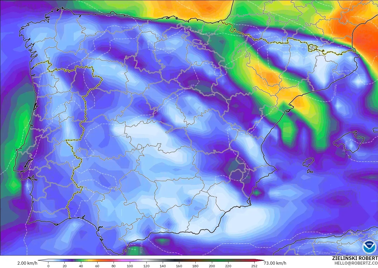 GFS modelo - España, Ráfagas de viento