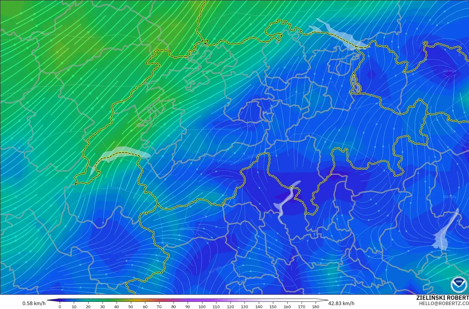 GFS modelo - Suiza, Viento a 10 m