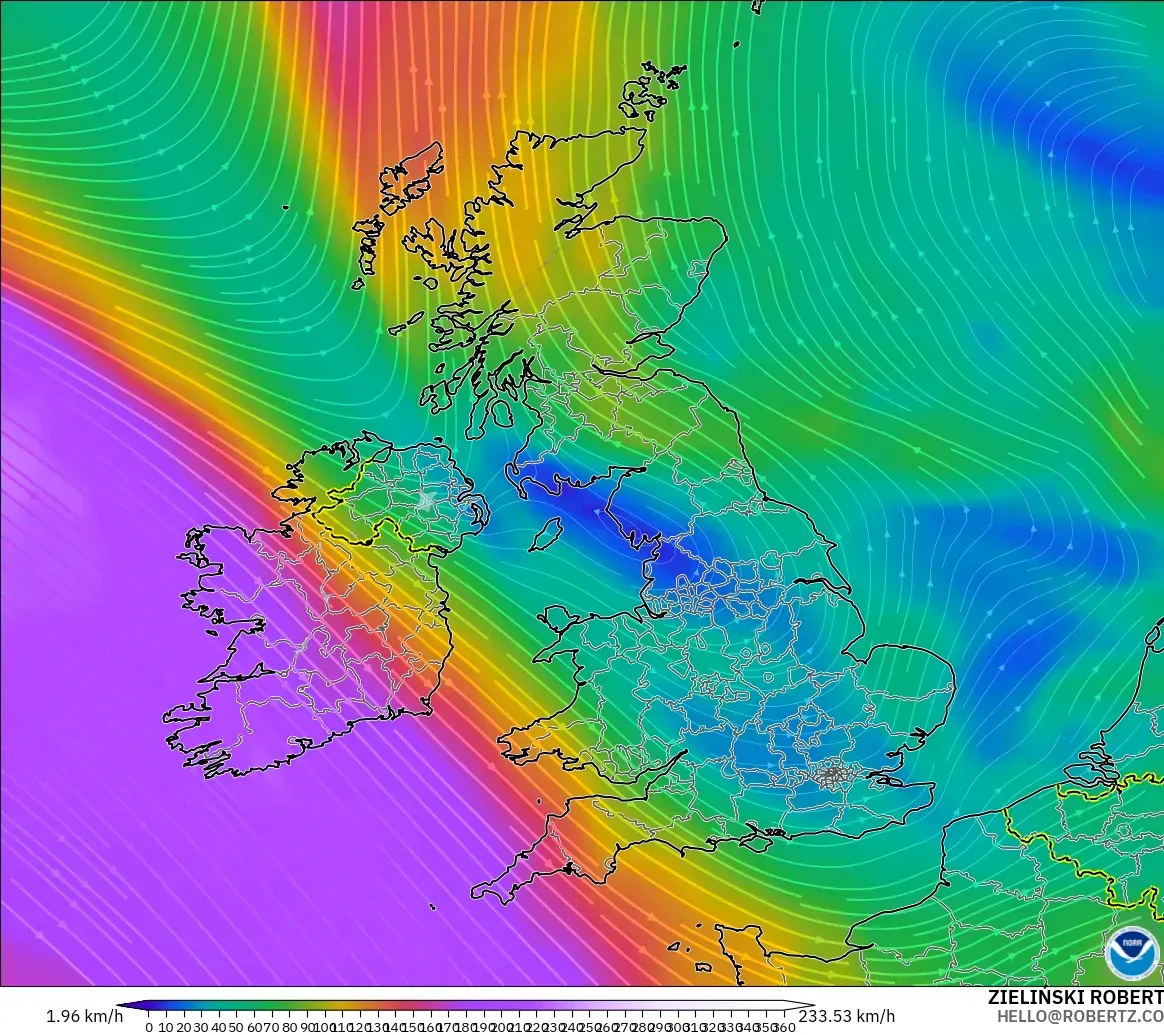 GFS modelo - Reino Unido, Viento a 300 hPa (corriente en chorro)