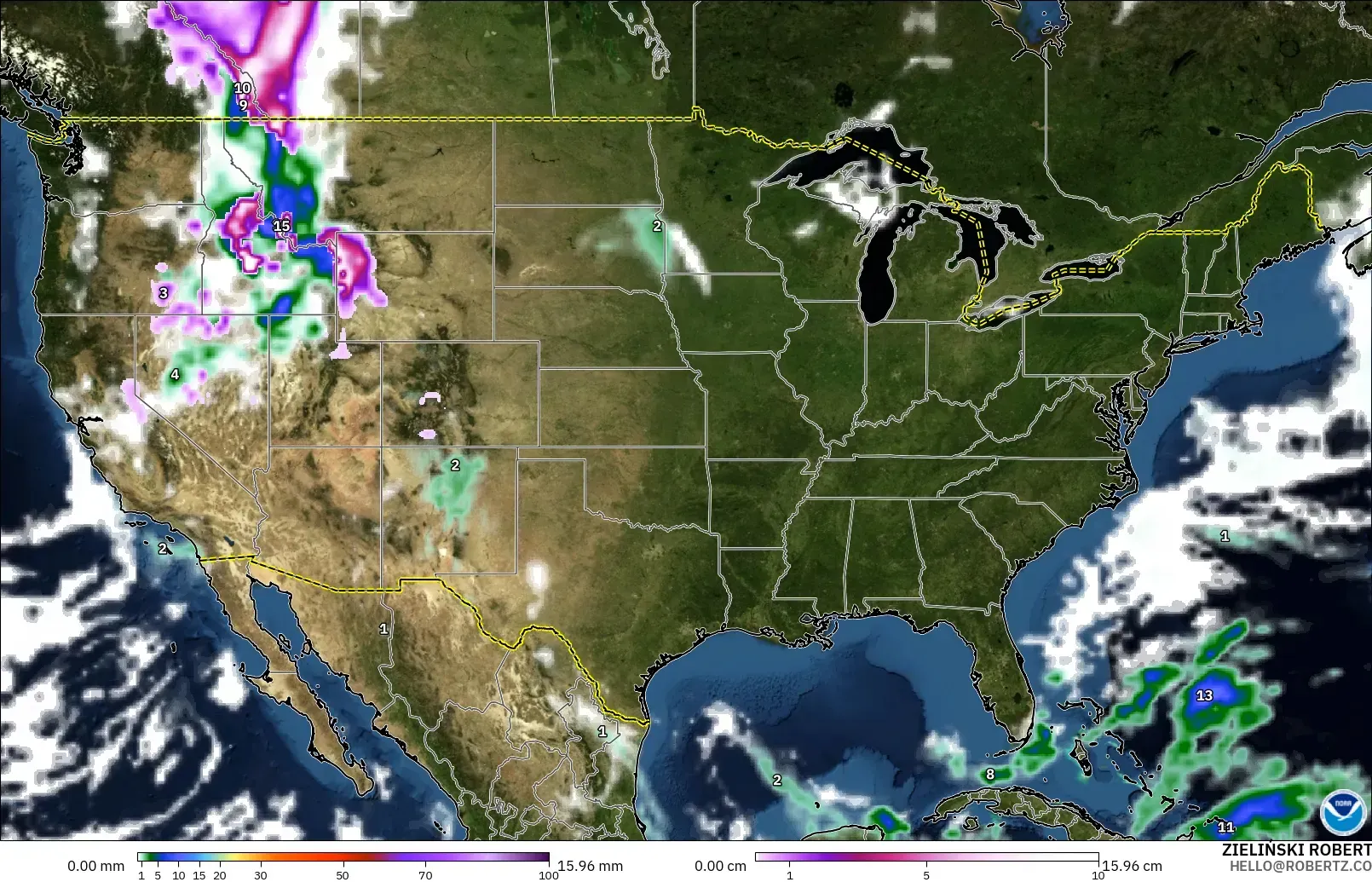 GFS modelo - Estados Unidos, Precipitación, nubes y presión