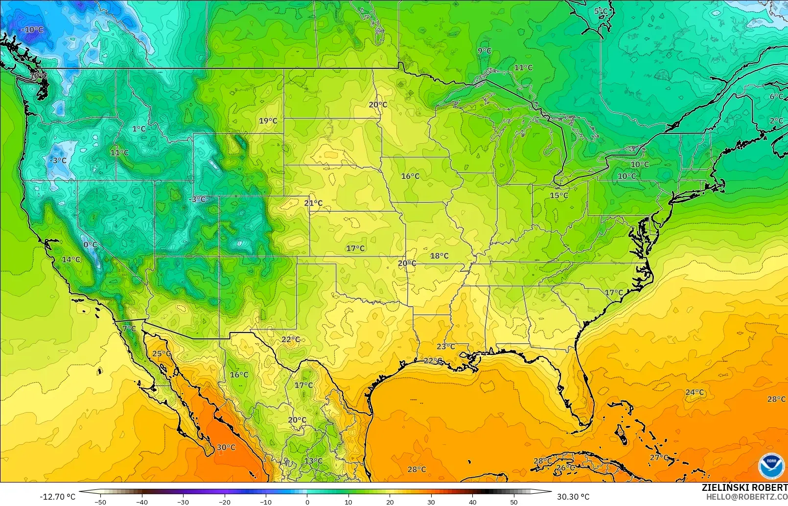 GFS modelo - Estados Unidos, Temperatura a 2 m