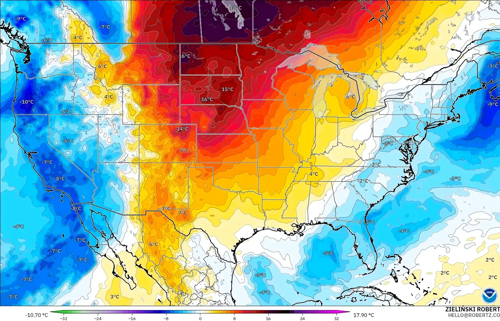 GFS modelo - Estados Unidos, Anomalía de temperatura a 850 hPa