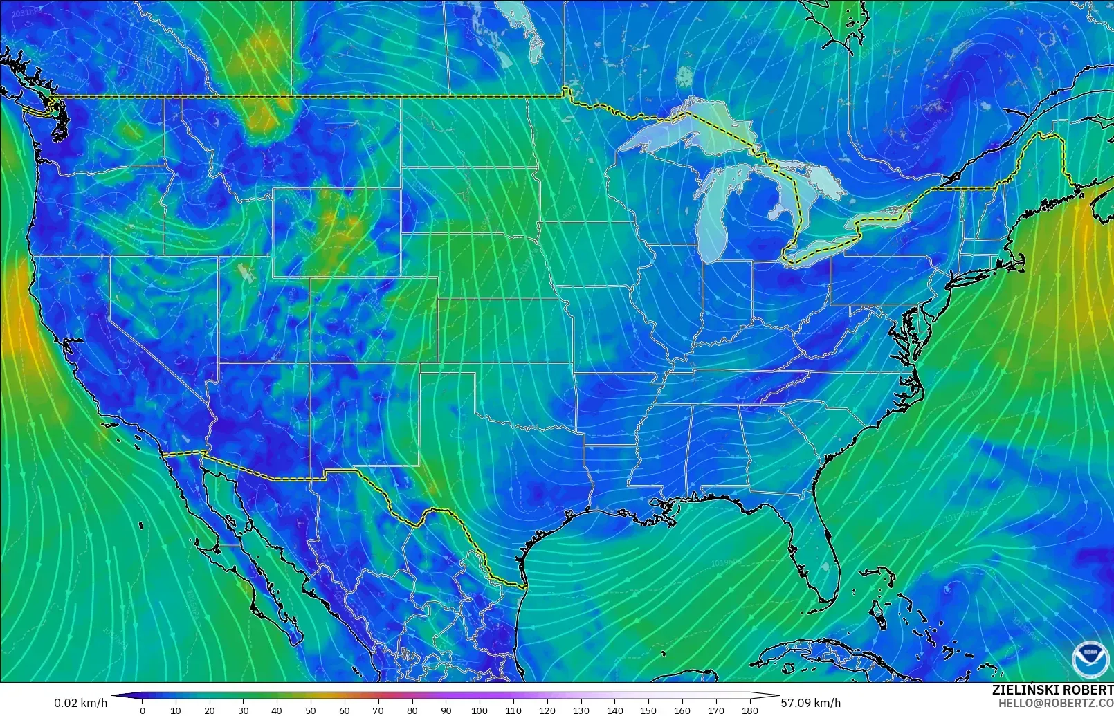 GFS modelo - Estados Unidos, Viento a 10 m