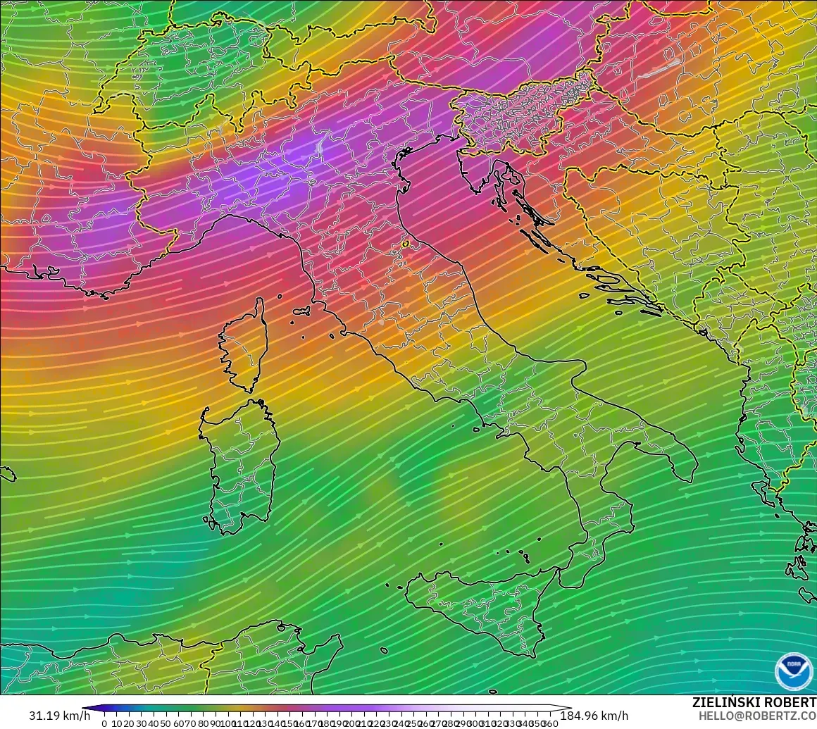 GFS modelo - Italia, Viento a 300 hPa (corriente en chorro)