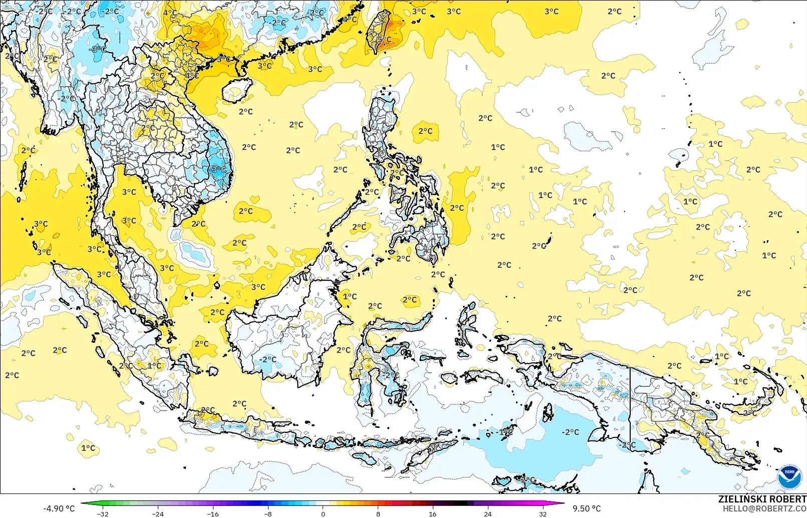 GFS modelo - Sudeste Asiático, Anomalía de temperatura a 2 m