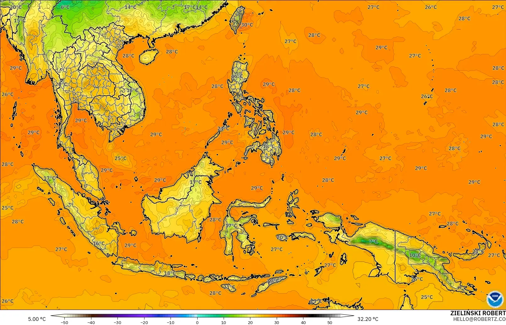 GFS modelo - Sudeste Asiático, Temperatura a 2 m