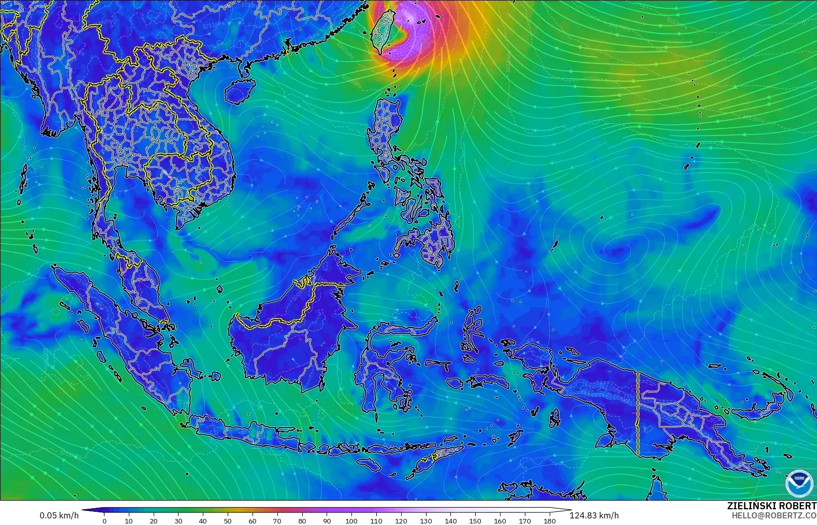GFS modelo - Sudeste Asiático, Viento a 10 m