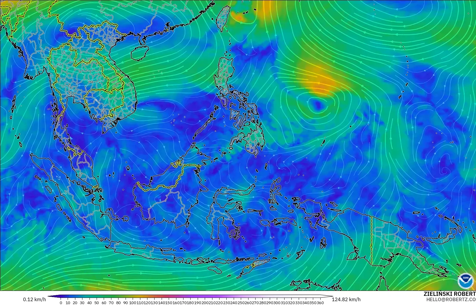 GFS modelo - Sudeste Asiático, Viento a 300 hPa (corriente en chorro)