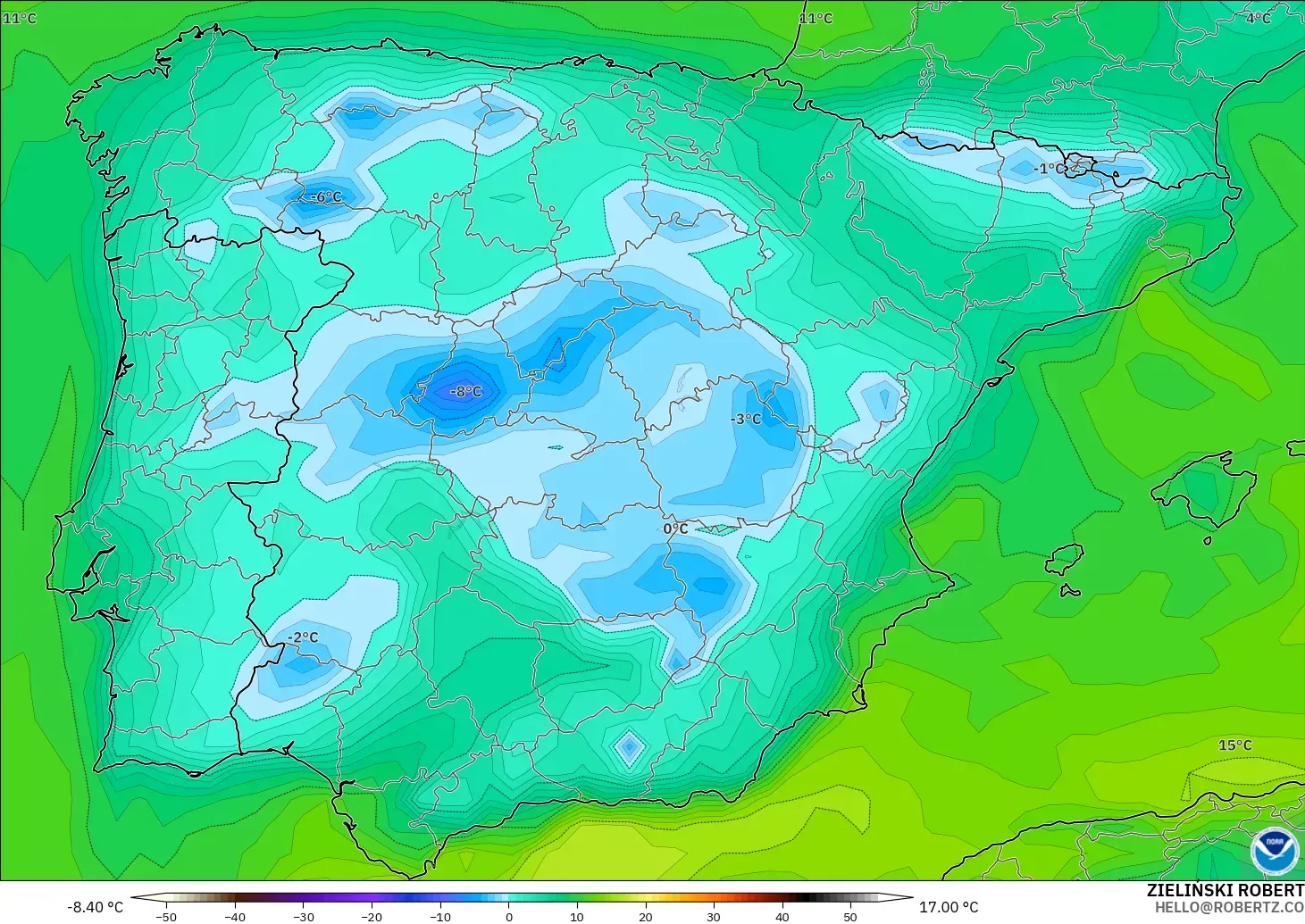 GFS modelo - España, Punto de rocío a 2 m