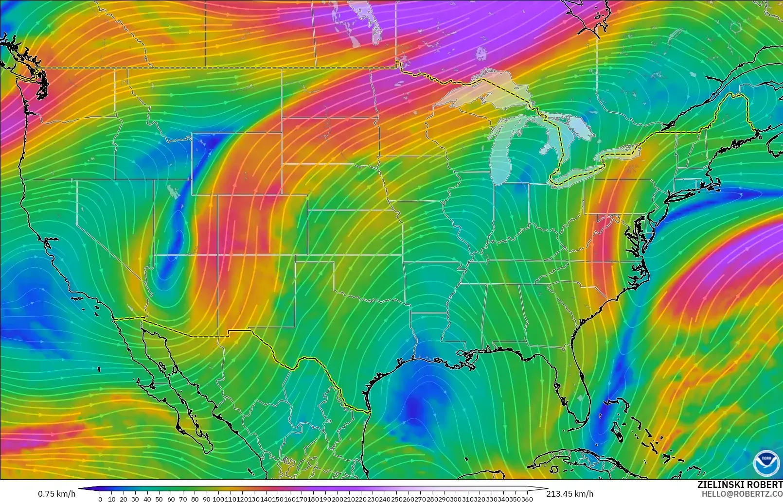 GFS modelo - Estados Unidos, Viento a 300 hPa (corriente en chorro)