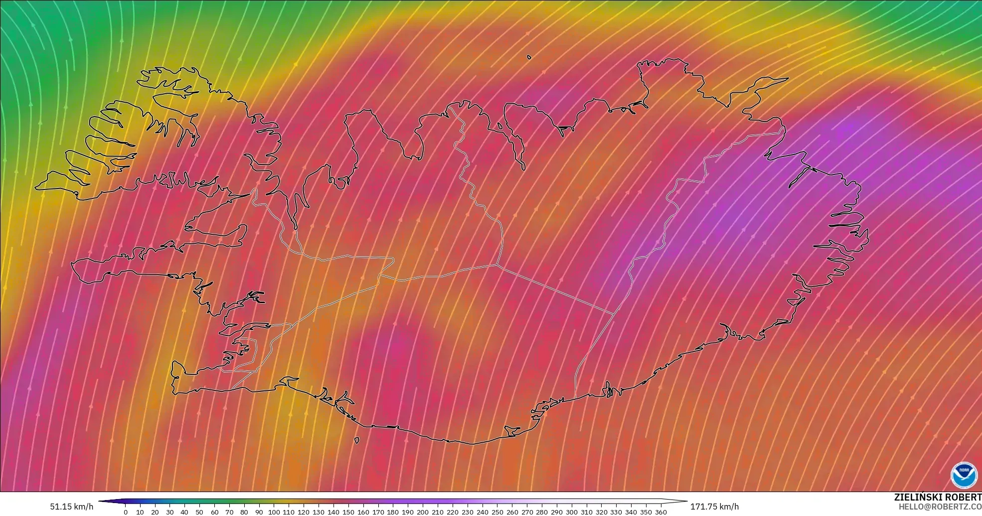 GFS modelo - Islandia, Viento a 300 hPa (corriente en chorro)