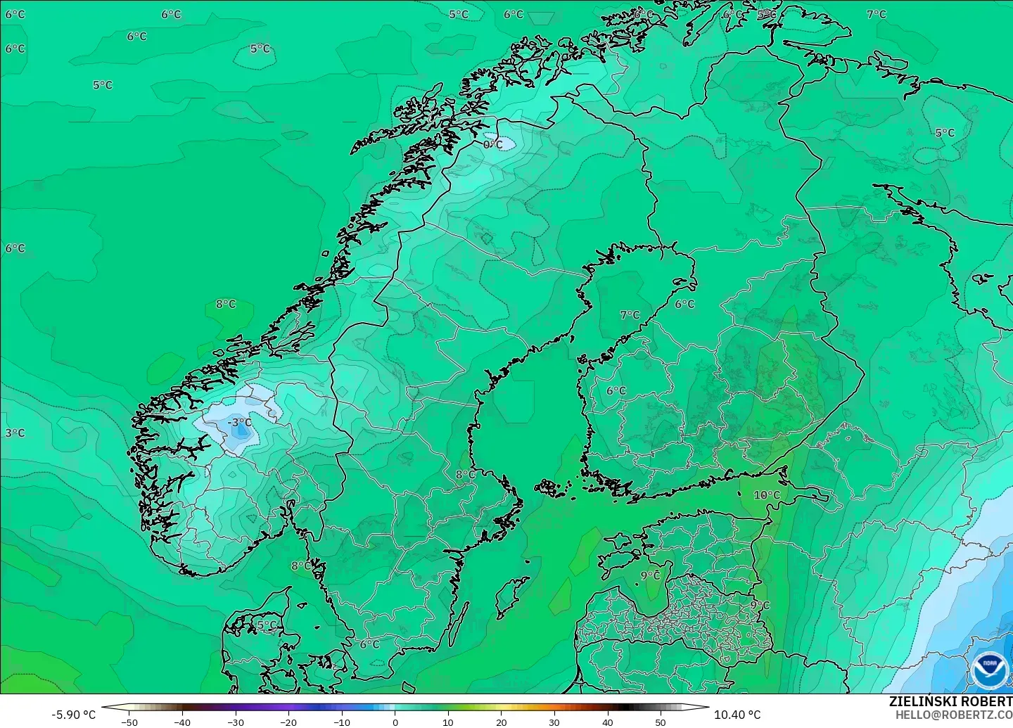 GFS modelo - Escandinavia, Punto de rocío a 2 m