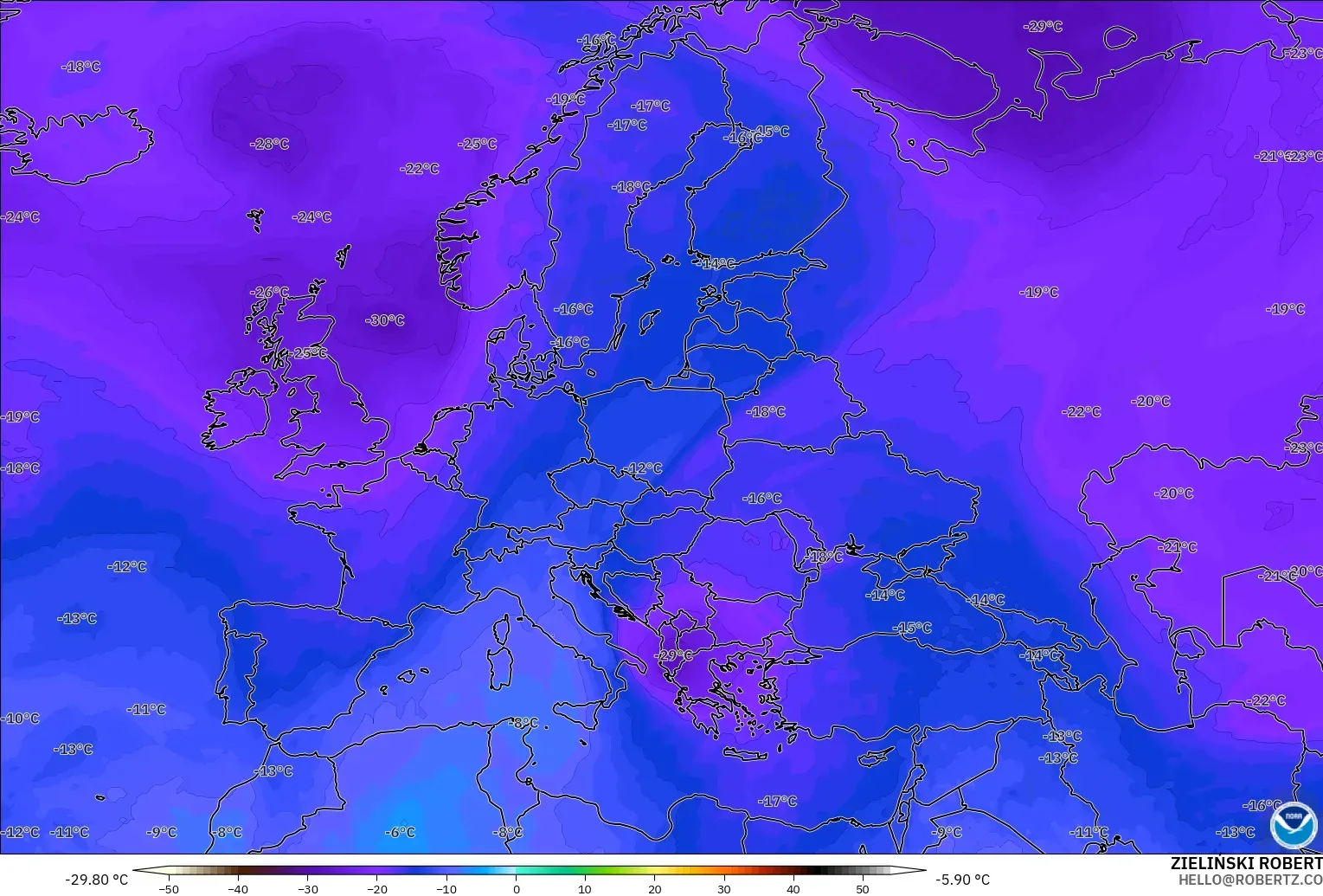 GFS modelo - Europa, Temperatura a 500 hPa