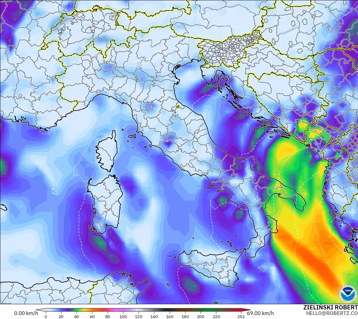 GFS modelo - Italia, Ráfagas de viento