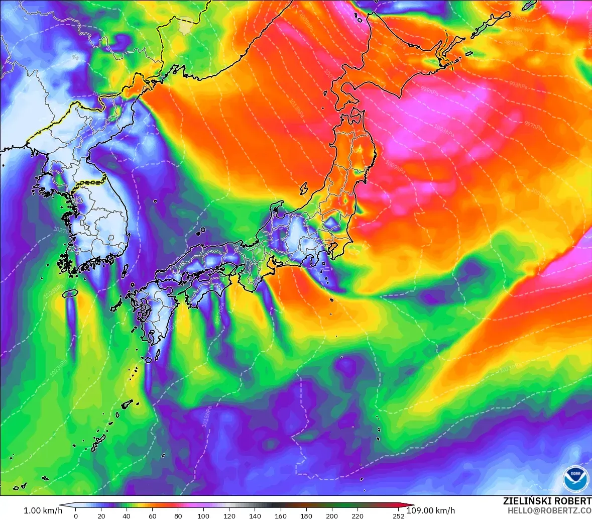 GFS modelo - Japón, Ráfagas de viento