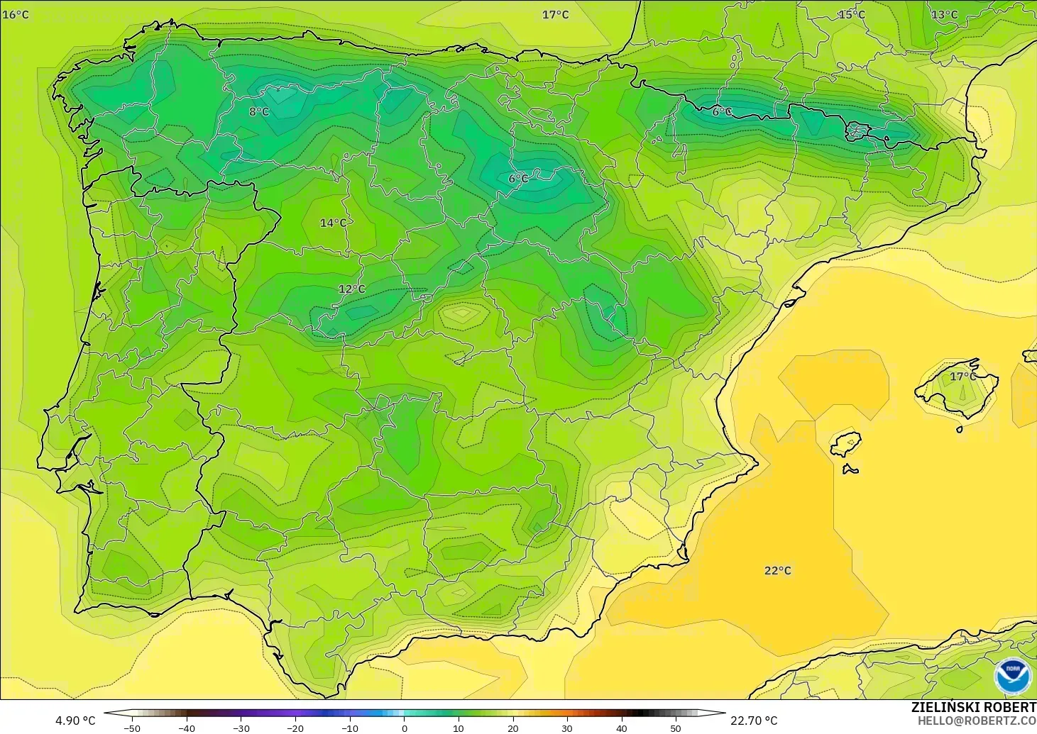 GFS modelo - España, Temperatura a 2 m