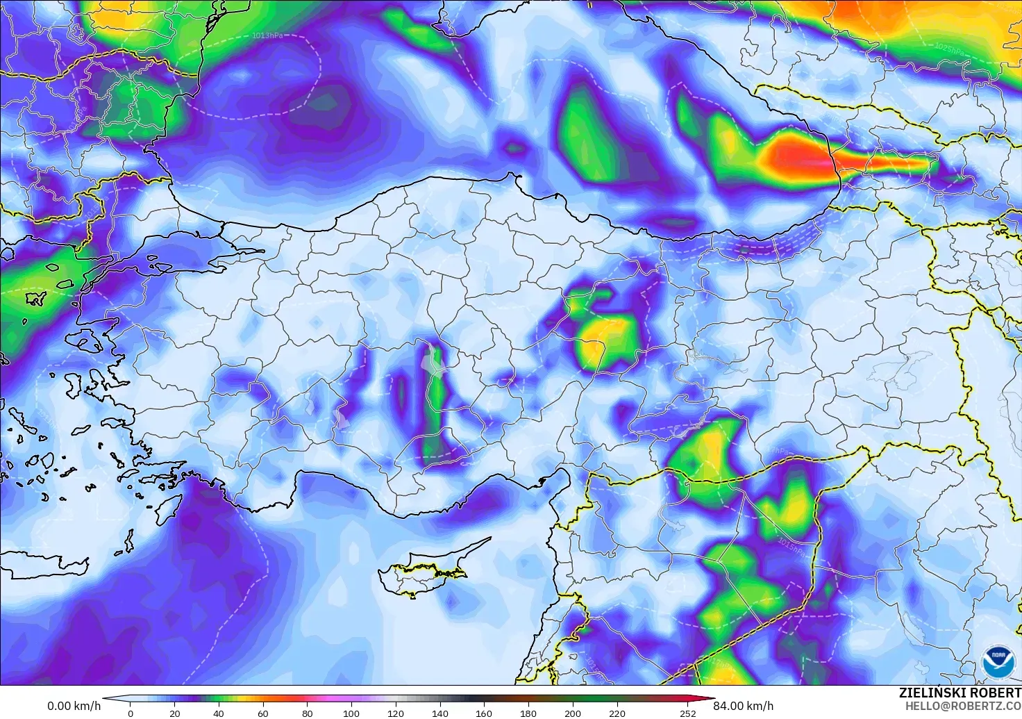 GFS modelo - Turquía, Ráfagas de viento