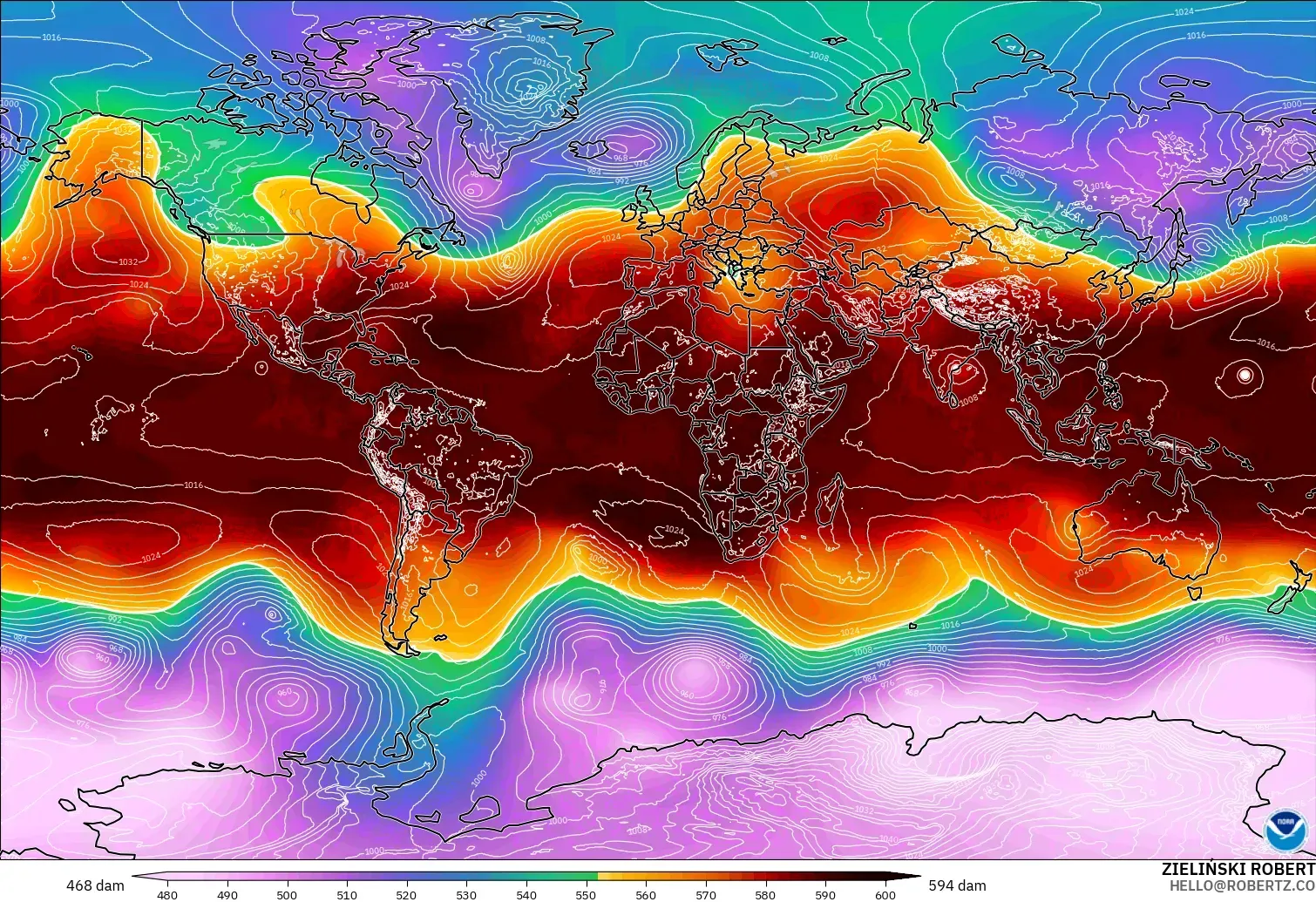 GFS modelo - Mundo, Altura geopotencial a 500 hPa