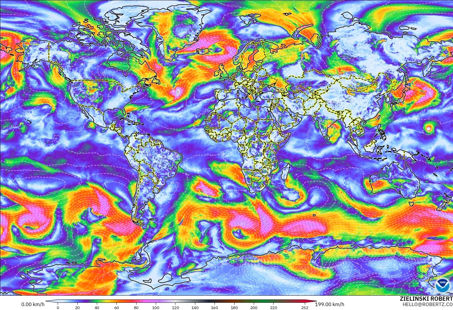 GFS modelo - Mundo, Ráfagas de viento